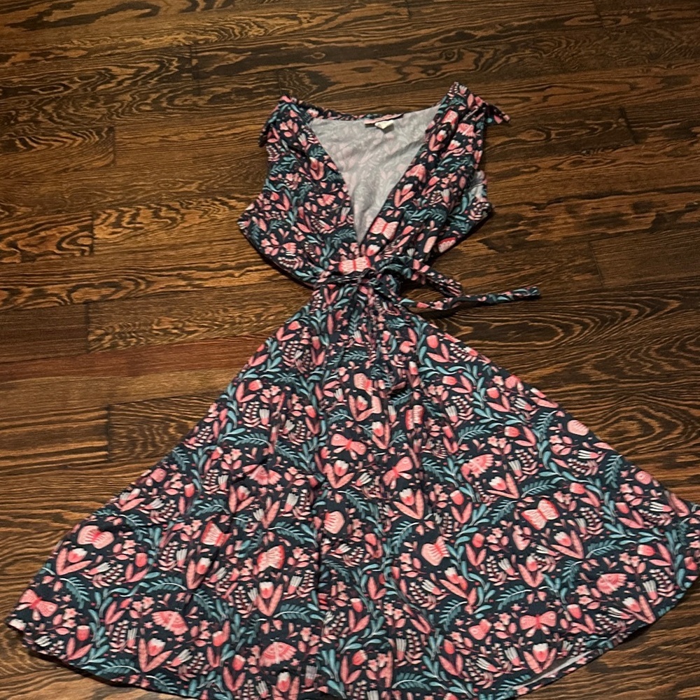 Floral Pink and Blue Tie Wrap Women's Dress